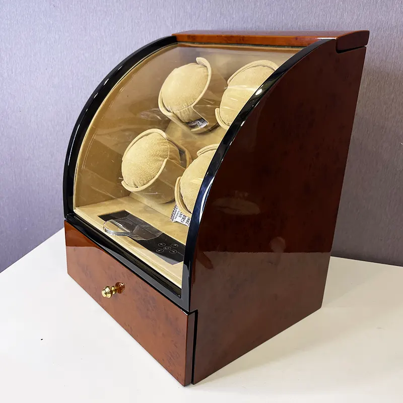 4 Slots Brown Watch Winder High Quality Curved Shape for Automatic Watches